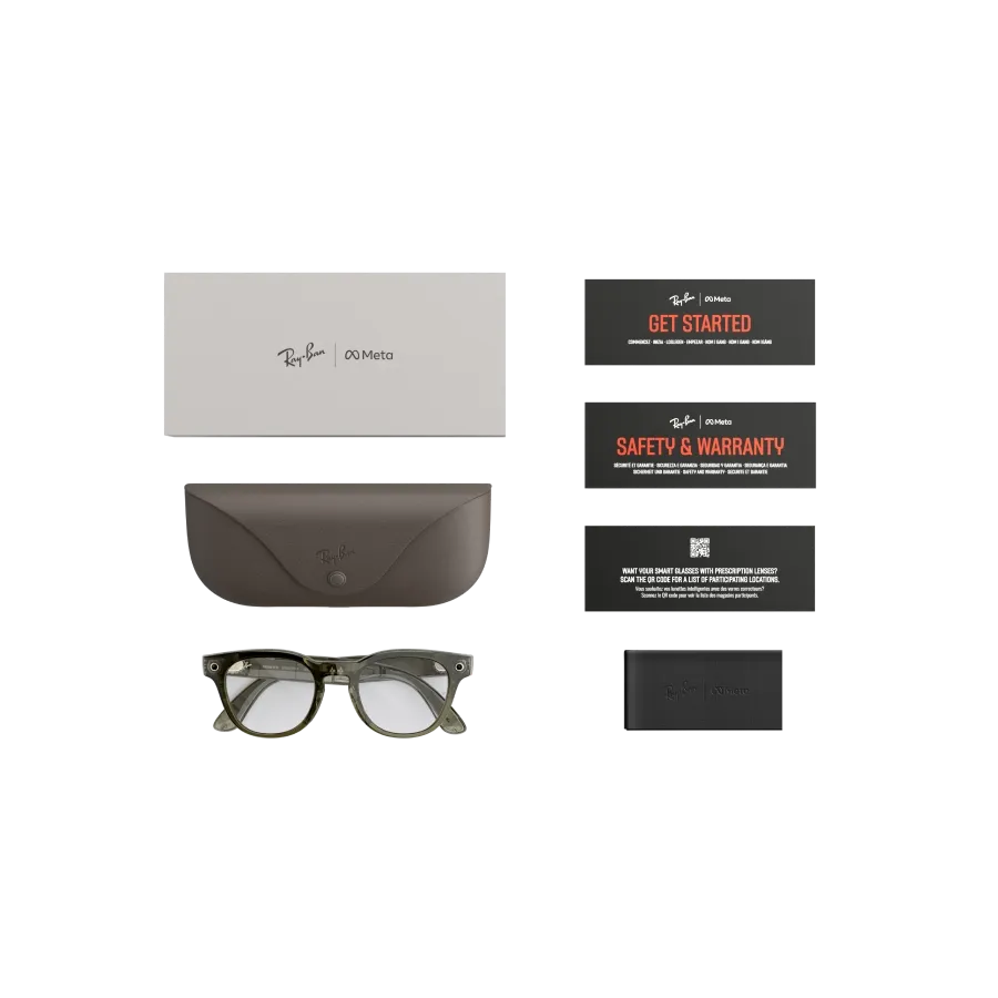 Articles inclus lors de l’achat des lunettes Ray-Ban Meta Scriber Optics : étui de chargement Ray-Ban Meta, lunettes Ray-Ban Meta Scriber Optics et guide de démarrage.