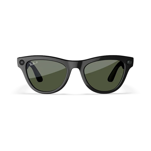 Vue avant des lunettes Ray-Ban Meta avec monture Noir Brillant et verres solaires verts.