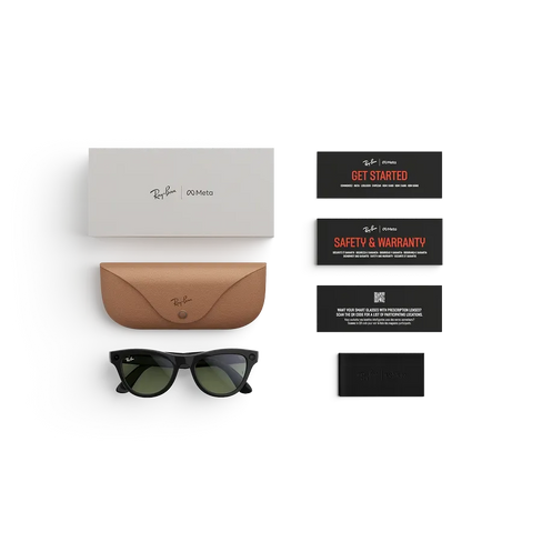 Articles inclus lors de l’achat des lunettes Ray-Ban Meta : étui de chargement Ray-Ban Meta, lunettes IA Ray-Ban Meta et guide de démarrage.