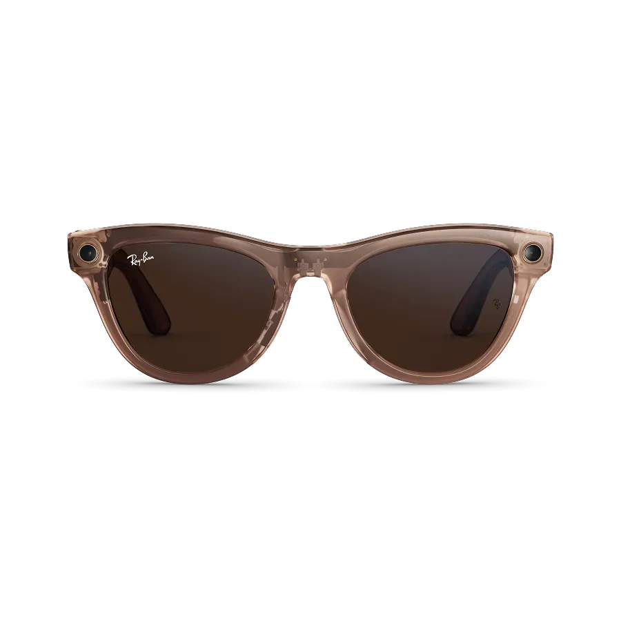 Vue avant des lunettes Ray-Ban Meta Skyler avec monture Transparent brillant pêche et verres Transitions® bruns.