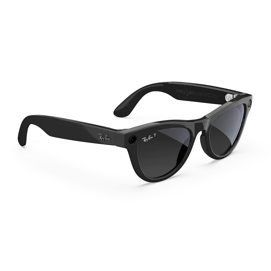 Vue de trois-quarts droite des lunettes Ray-Ban Meta avec monture Noir Brillant et verres solaires Dégradé Graphite polarisés.