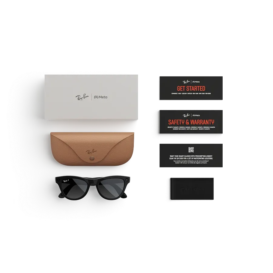 Articles inclus avec l’achat des lunettes Ray-Ban Meta : étui de chargement Ray-Ban Meta, lunettes IA Ray-Ban Meta et guide de démarrage.