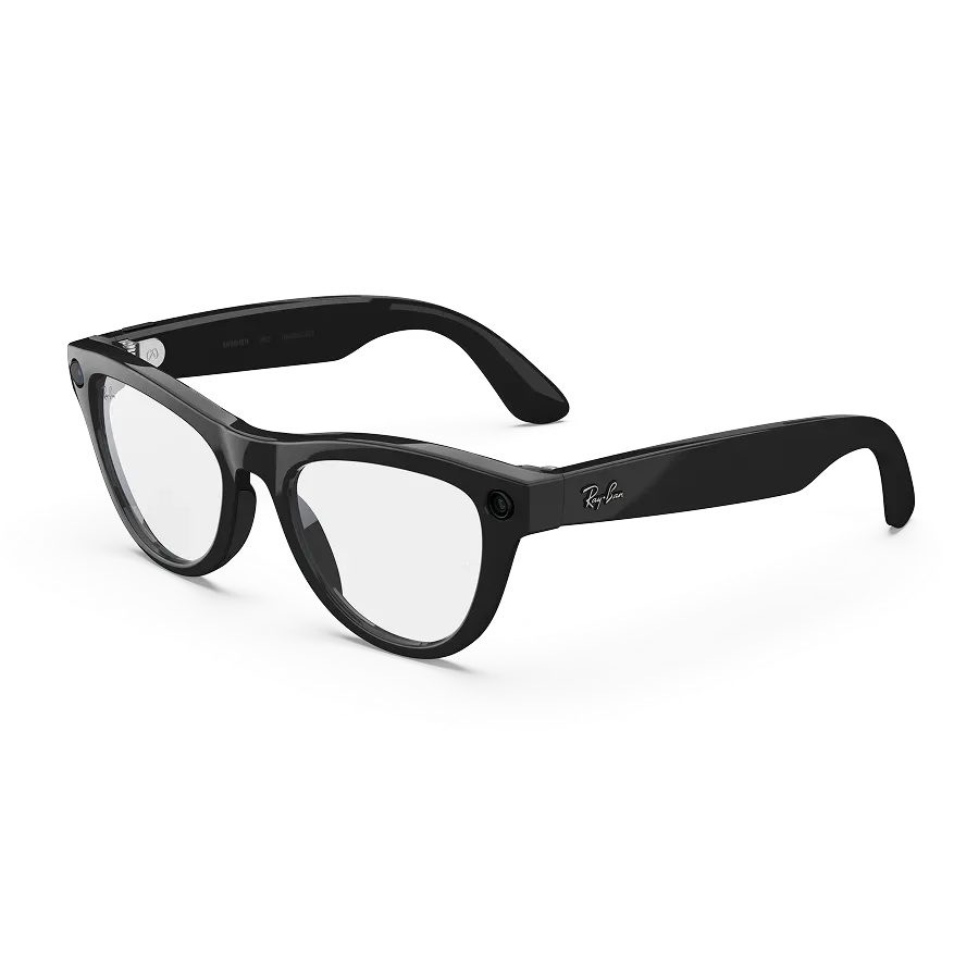 Vue de gauche des lunettes Ray-Ban Meta avec monture noir brillant et verres transparents.