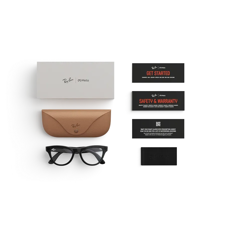 Articles inclus lors de l’achat des lunettes Ray-Ban Meta : étui de chargement Ray-Ban Meta, lunettes IA Ray-Ban Meta et guide de démarrage.